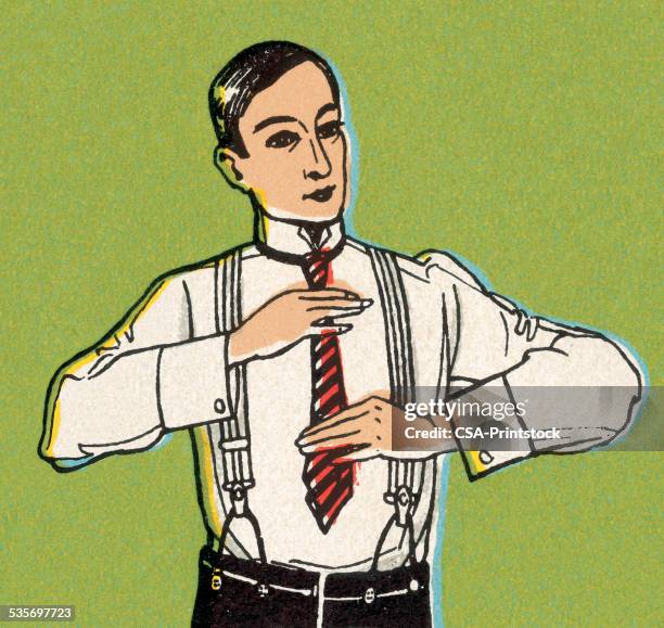 man putting on tie - suspenders stock illustrations