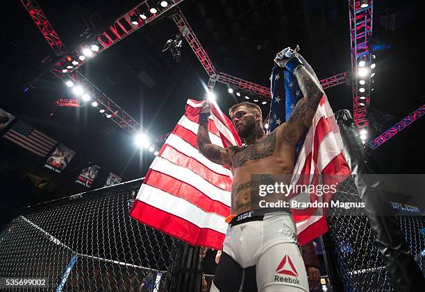 Cody Garbrandt celebrates his knockout victory over Thomas Almeida in their bantamweight bout during the UFC Fight Night event inside the Mandalay...