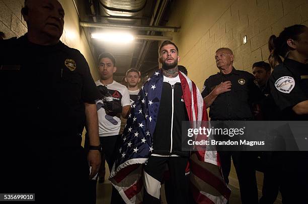 Cody Garbrandt prepares to enter the Octagon before facing Thomas Almeida in their bantamweight bout during the UFC Fight Night event inside the...