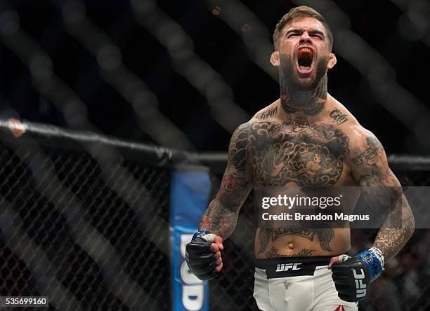 Cody Garbrandt celebrates his knockout victory over Thomas Almeida in their bantamweight bout during the UFC Fight Night event inside the Mandalay...