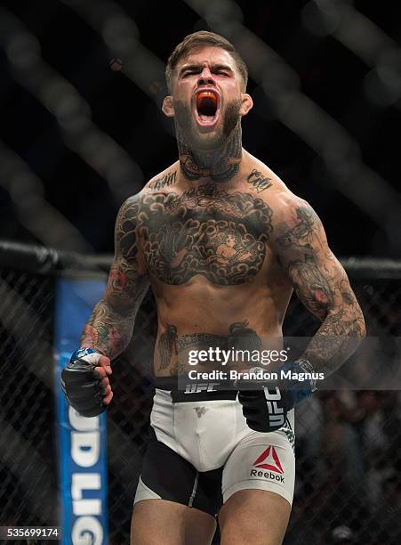 Cody Garbrandt celebrates his knockout victory over Thomas Almeida in their bantamweight bout during the UFC Fight Night event inside the Mandalay...