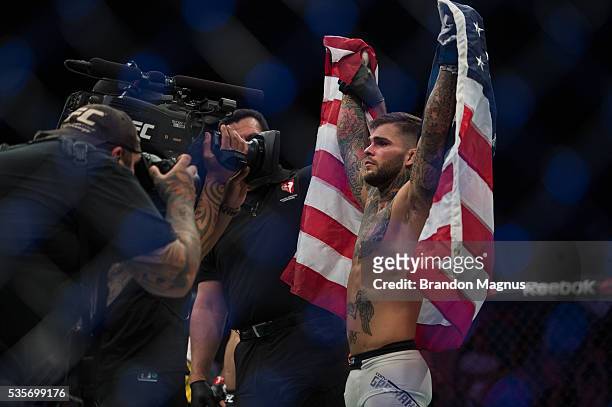 Cody Garbrandt celebrates his knockout victory over Thomas Almeida in their bantamweight bout during the UFC Fight Night event inside the Mandalay...