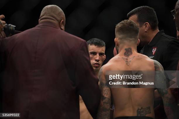 Thomas Almeida and Cody Garbrandt face off in their bantamweight bout during the UFC Fight Night event inside the Mandalay Bay Events Center on May...