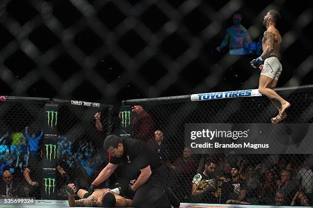 Cody Garbrandt celebrates his knockout victory over Thomas Almeida in their bantamweight bout during the UFC Fight Night event inside the Mandalay...