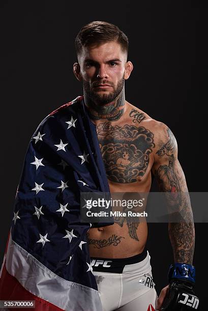 Cody Garbrandt poses for a post fight portrait backstage during the UFC Fight Night Event inside the Mandalay Bay Events Center on May 29, 2016 in...