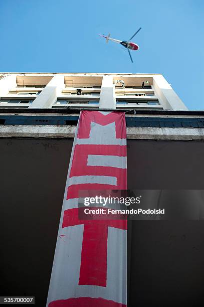 police helicopter - public transport protest in sao paulo stock pictures, royalty-free photos & images