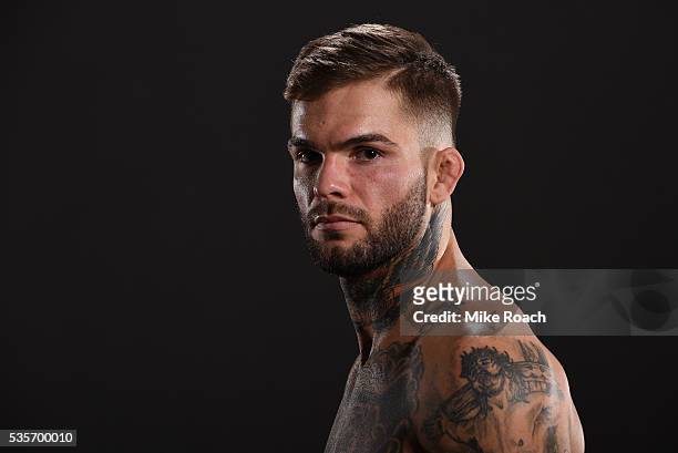 Cody Garbrandt poses for a post fight portrait backstage during the UFC Fight Night Event inside the Mandalay Bay Events Center on May 29, 2016 in...