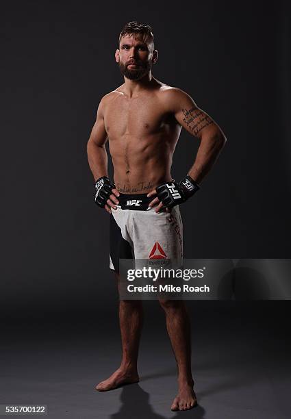 Jeremy Stephens poses for a post fight portrait backstage during the UFC Fight Night Event inside the Mandalay Bay Events Center on May 29, 2016 in...