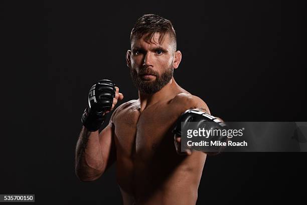 Jeremy Stephens poses for a post fight portrait backstage during the UFC Fight Night Event inside the Mandalay Bay Events Center on May 29, 2016 in...