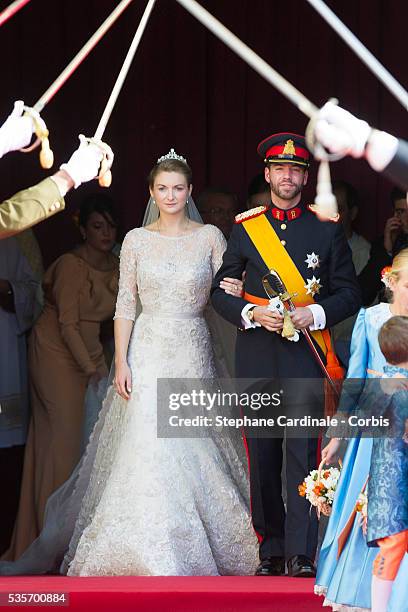 Princess Stephanie of Luxembourg and Prince Guillaume of Luxembourg emerge from the Cathedral following the wedding ceremony of Prince Guillaume of...