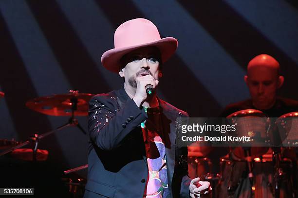 Boy George opens the Cyndi Lauper & Boy George In Concert with guest Rosie O'Donnell at The Borgota Hotel Casino & Spa on May 29, 2016 in Atlantic...