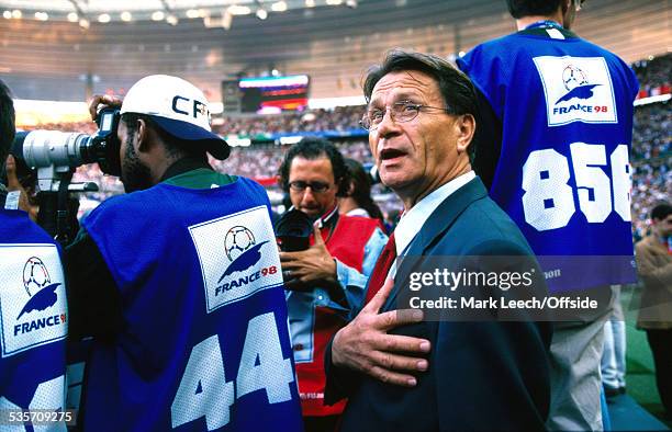 July 1998 FIFA World Cup, France v Croatia, Croatian coach Miroslav Blazevic stands amongst the photographers during the national anthem.