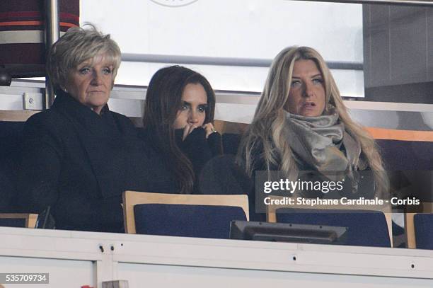 Mother of David, Sandra Beckham, Victoria Beckham and Joanne,David Beckham's sister cheer for David Beckham of PSG who plays for the first time for...