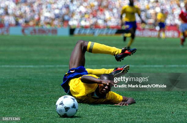 June 1994, Fifa World Cup, Switzerland v Colombia, Faustino Asprilla of Colombia lands awkwardly.