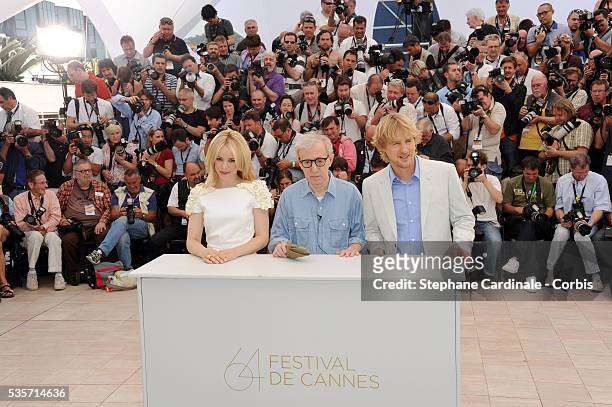 Rachel McAdams, Woody Allen, Owen Wilson at the photo call for "Midnight in Paris" during the 64rd Cannes International Film Festival.