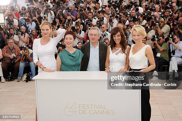 Uma Thurman, Nansun Shi, Robert De Niro, Martina Gusman, Linn Ullmann at the Jury photo call during the 64rd Cannes International Film Festival.