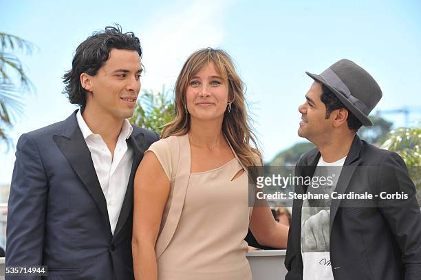 Tewfik Jallab, Jamel Debbouze and Julie De Bona attend the 'Ne Quelque Part' photo call during the 66th Cannes International Film Festival.