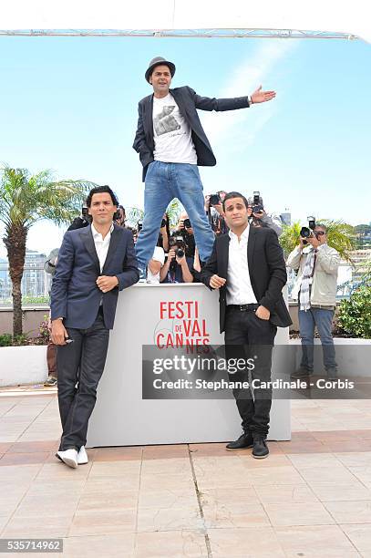 Tewfik Jallab, Jamel Debbouze and Malik Bentalha attend the 'Ne Quelque Part' photo call during the 66th Cannes International Film Festival.