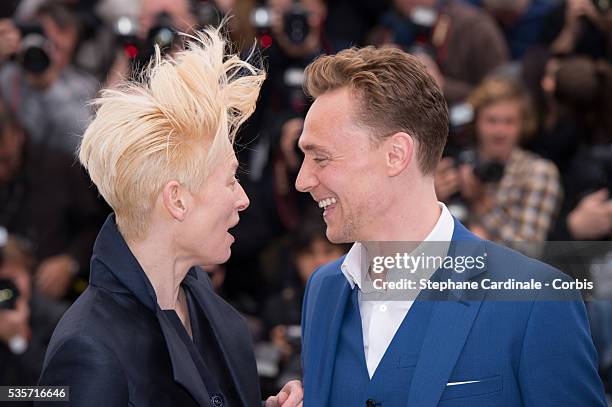 Tilda Swinton and Tom Hiddleston attend the 'Only Lovers Left Alive' photo call during the 66th Cannes International Film Festival.