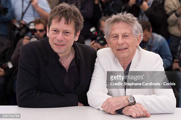 Mathieu Amalric and Director Roman Polanski attend the 'La Venus A La Fourrure' photo call during the 66th Cannes International Film Festival.