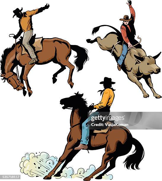 illustrazioni stock, clip art, cartoni animati e icone di tendenza di rodeo cowboys in azione - cowboy