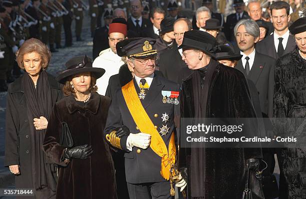 Queen Sofia of Spain, HRH Queen Silvia and King Carl Gustaf of Sweden and HRH Queen Margrethe of Danemark attend the funeral of Grand Duchess of...