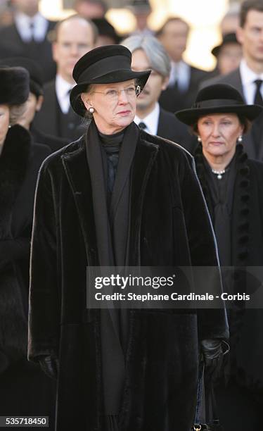 Queen Margrethe of Danemark attends the funeral of Grand Duchess of Luxembourg Josephine-Charlotte, daughter of former Belgian King Leopold III and...
