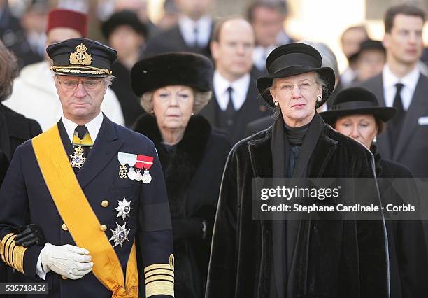 King Carl Gustaf of Sweden and HRH Queen Margrethe of Danemark attend the funeral of Grand Duchess of Luxembourg Josephine-Charlotte, daughter of...