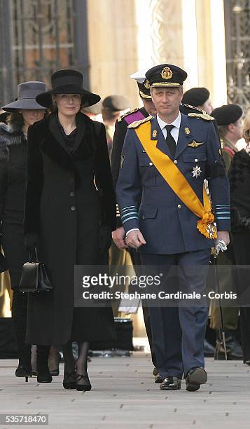 Princess Mathilde and HRH Prince Philippe of Belgium attend the funeral of Grand Duchess of Luxembourg Josephine-Charlotte, daughter of former...