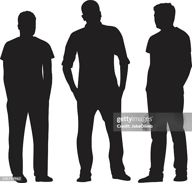 three men standing silhouettes - hands in pockets vector stock illustrations