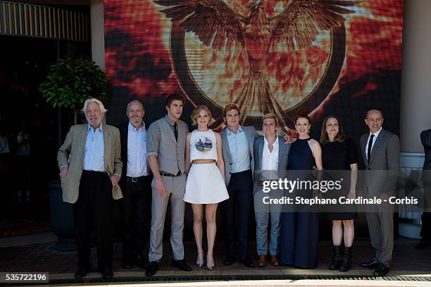 Donald Sutherland, Francis Lawrence, Liam Hemsworth, Jennifer Lawrence, Sam Claflin, Josh Hutcherson, Julianne Moore, Nina Jacobson, producer Jon...