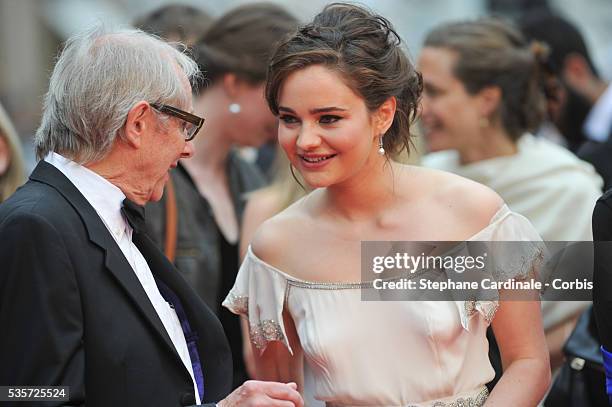 Ken Loach and Aisling Franciosi attend the 'Jimmy's Hall' premiere during the 67th Cannes Film Festival