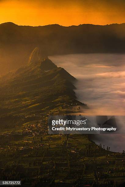 the mist at cemoro lawang village - volcanic landscape stockfoto's en -beelden