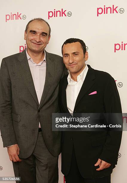 Pascal Negre and Pascal Houzelot in the studio during the launch of France's first gay television channel "Pink TV."