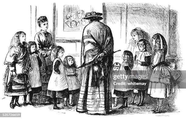 drawing of schoolmistress instructing group of children. - teen babysitting stock illustrations