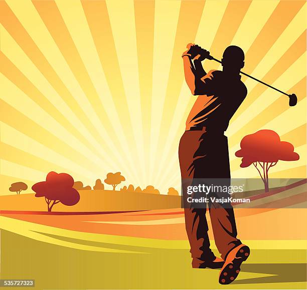 ilustraciones, imágenes clip art, dibujos animados e iconos de stock de golf player golpear desde el tee en orange y marrón - columpiarse