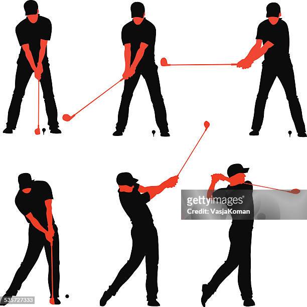 ilustraciones, imágenes clip art, dibujos animados e iconos de stock de golpear desde el tee secuencias de golf - swing de golf