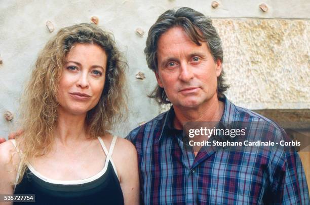 Michael Douglas and his wife Diandra Luker pose at Valldemossa on August 20, 1994 in Mallorca, Spain.