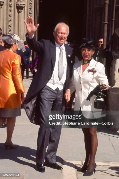 Prince Victor Emmanuel of Savoy and wife Marina Ricolfi Doria attend the wedding of Infanta Elena of Spain March 18, 1995 in Seville, Spain.