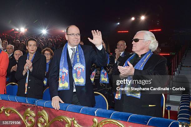Princess Stephanie of Monaco, Prince Albert II of Monaco and Yves Piaget attend the 39th International Monte-Carlo Circus Festival, on January 15,...