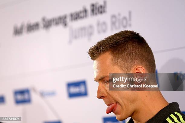 Markus Rehm, handicapped longjumper and Paralympics winner of London 2012 attends a press conference at German Sport & Olympic Museum on May 30, 2016...