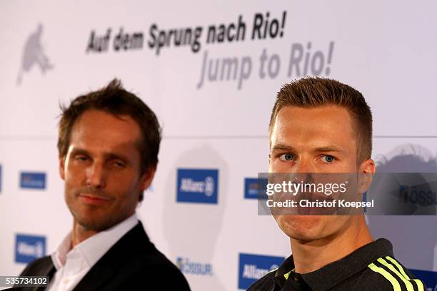 Lars Bischoff, manager of Markus Rehm and Markus Rehm, handicapped longjumper and Paralympics winner of London 2012 attend a press conference at...