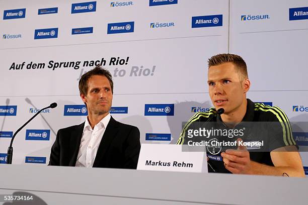 Lars Bischoff, manager of Markus Rehm and Markus Rehm, handicapped longjumper and Paralympics winner of London 2012 attend a press conference at...