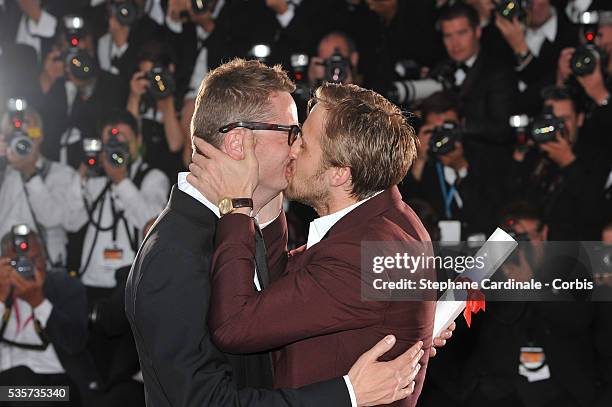 Actor Ryan Gosling and 2011 Best Director Nicolas Winding Refn of the film 'Drive' pose at the Palme d'Or Winners Photocall at the Palais des...