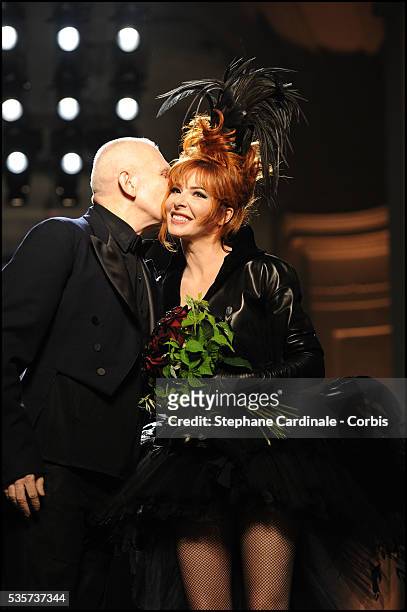 Jean Paul Gaultier and Mylene Farmer on the runway at the Jean Paul Gaultier Haute Couture show, as part of the Paris Fashion Week Fall/Winter...