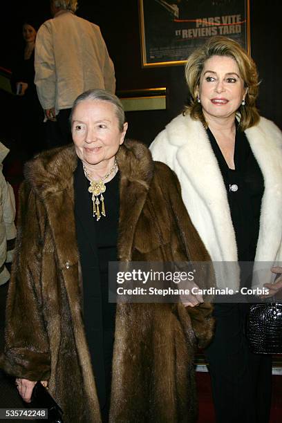 Monique Chaumette and Catherine Deneuve attend the movie premiere of "Pars vite et reviens tard."