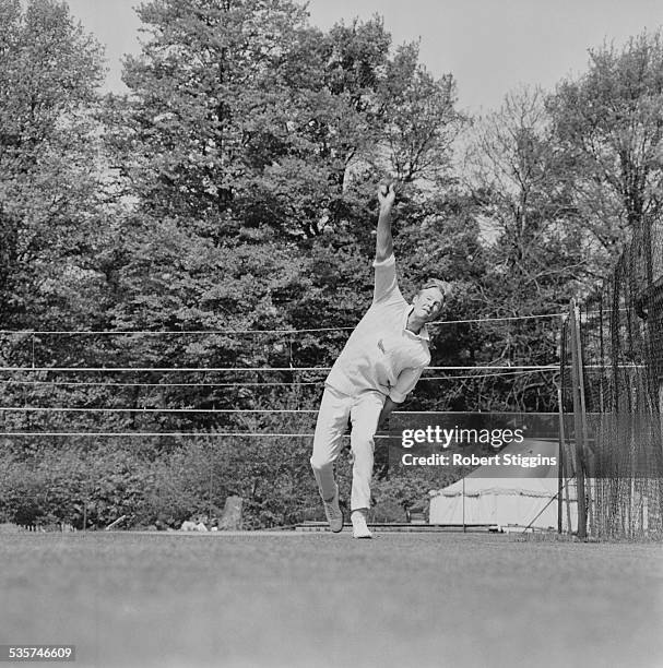 Sussex County Cricket Club player Tony Greig showing his bowling skills, 1967.