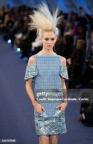 Model walks the catwalk during the Chanel Haute Couture Spring/Summer 2012 show as part of the Paris Fashion Week Spring/Summer 2012, at le Grand...