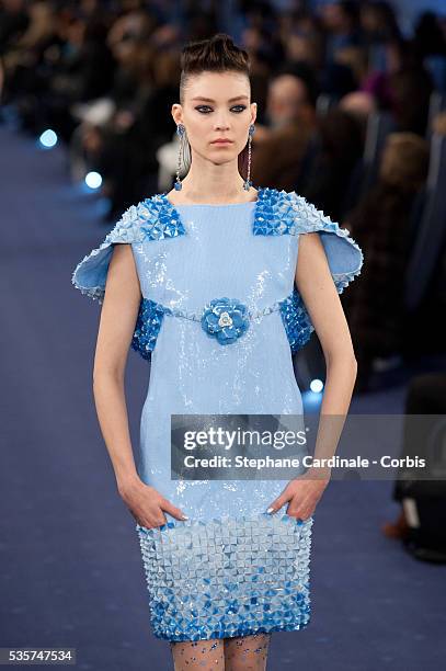 Model walks the catwalk during the Chanel Haute Couture Spring/Summer 2012 show as part of the Paris Fashion Week Spring/Summer 2012, at le Grand...