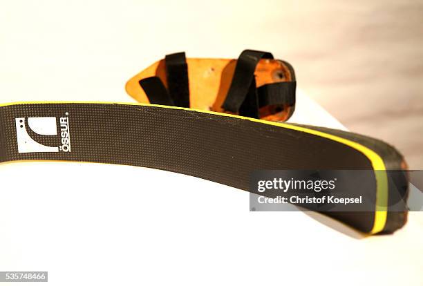 General view of the prothesis of Markus Rehm, handicapped longjumper and Paralympics winner of London 2012 who announces a press conference at German...